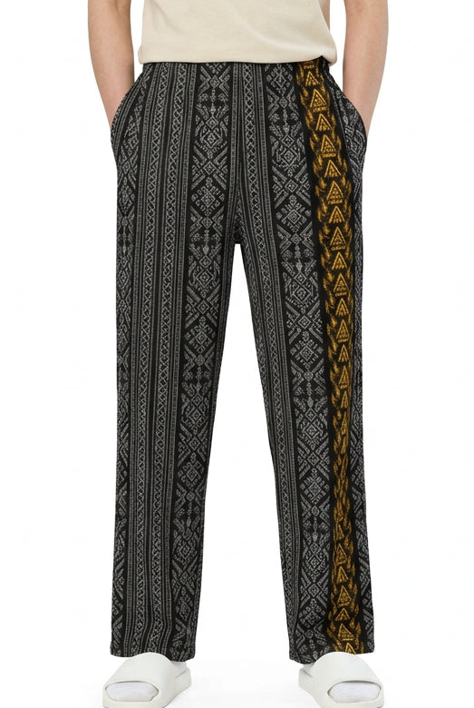 V.I.M Nordic Pattern Wide-Leg Pants, full front view with Nordic geometric pattern and relaxed unisex fit