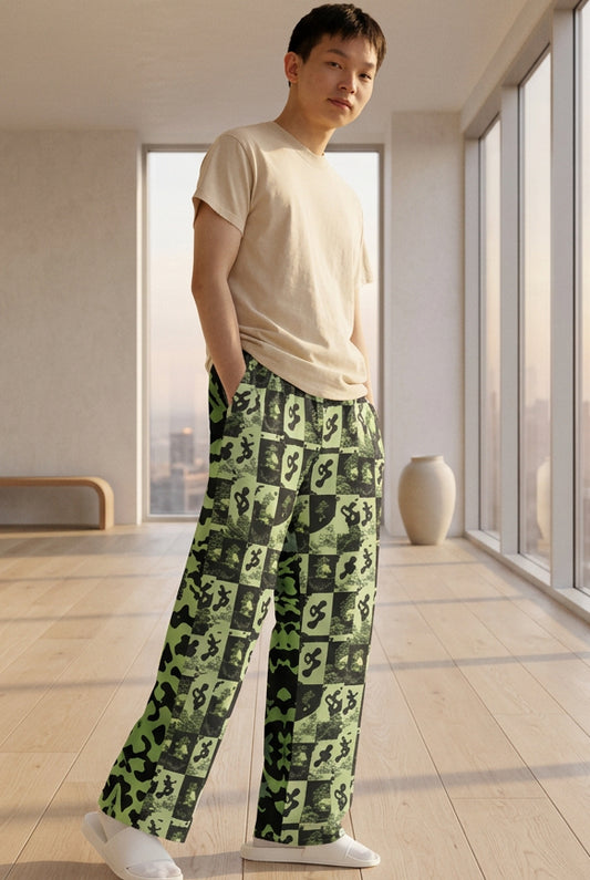Velvet Ink Market Green Patchwork Camo Wide-Leg Pants, right front view featuring green and black camouflage patchwork (additional photo 2).