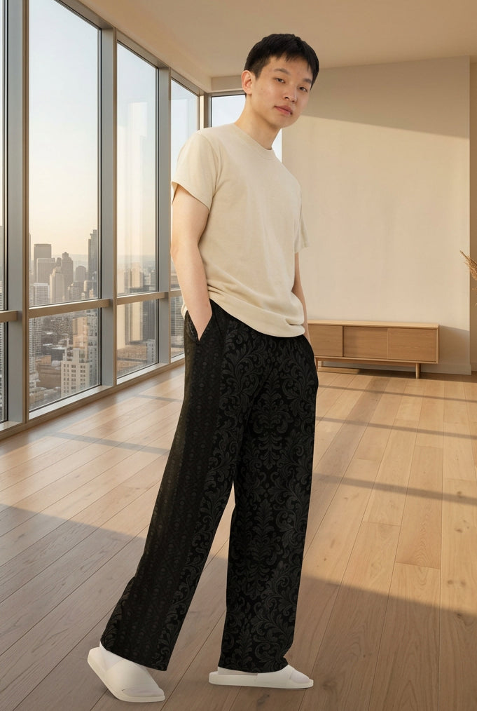V.I.M Black Damask Wide-Leg Pants, right-front view showing the subtle charcoal damask pattern.