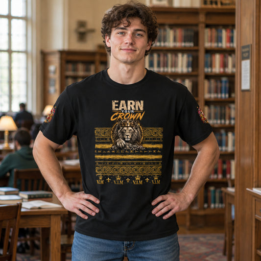 Velvet Ink Market Earn Your Crown Lion Tee, product image featuring a crowned lion with Earn Your Crown lettering.