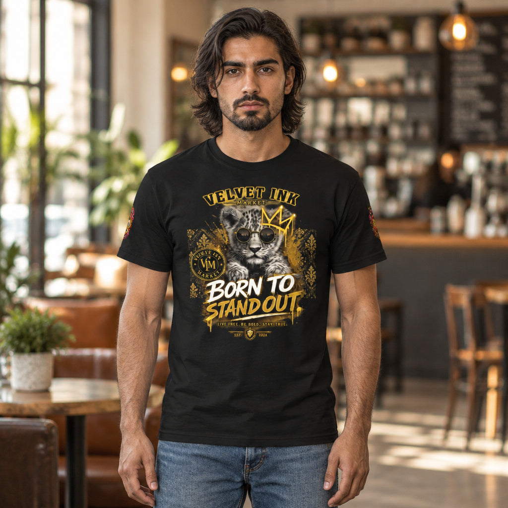 Velvet Ink Market Born To Stand Out Cub T-Shirt, product image featuring a lion cub and Born To Stand Out lettering.
