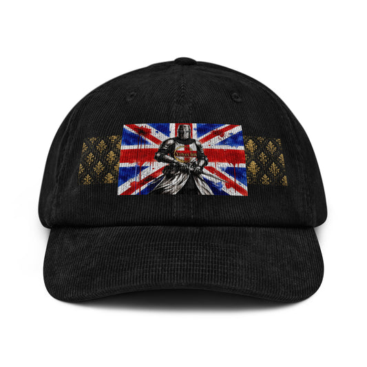 Velvet Ink Market Union Jack Knight Corduroy Hat in black, front view featuring an armoured knight over a Union Jack with gold detailing.