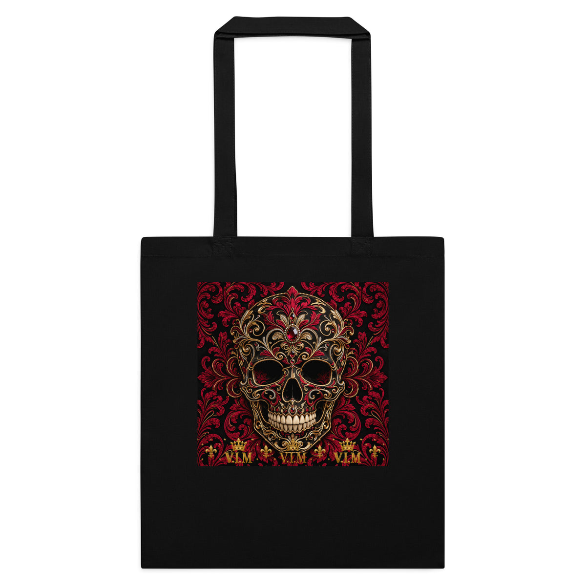 Back view of Black cotton tote bag – V.I.M Burgundy & Gold Ornate Skull range