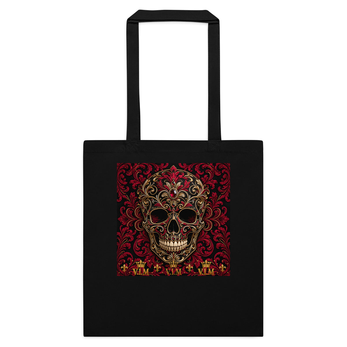 Front view of Black cotton tote bag – V.I.M Burgundy & Gold Ornate Skull design