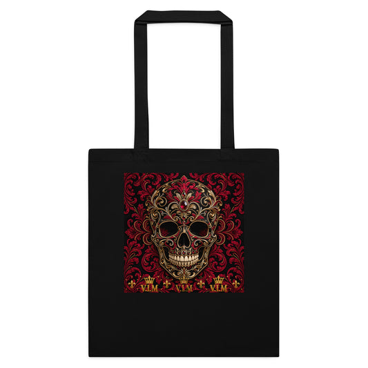 Front view of Black cotton tote bag – V.I.M Burgundy & Gold Ornate Skull design