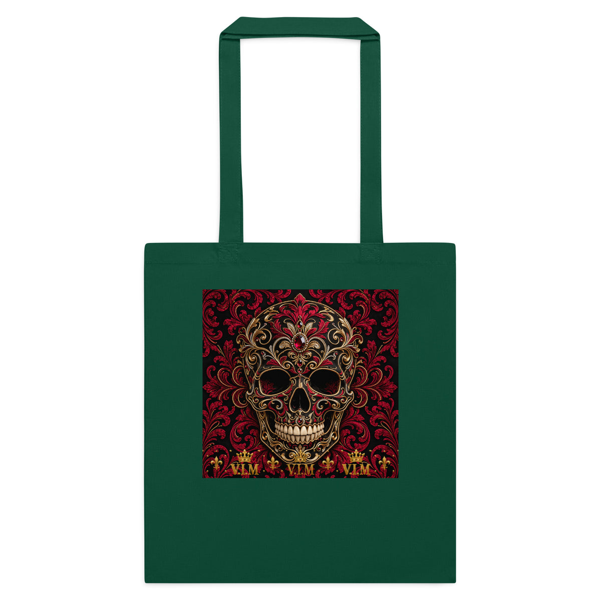 Back view of Bottle Green cotton tote bag – V.I.M Burgundy & Gold Ornate Skull range