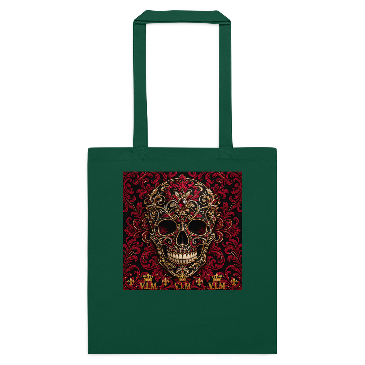 Front view of Bottle Green cotton tote bag – V.I.M Burgundy & Gold Ornate Skull design