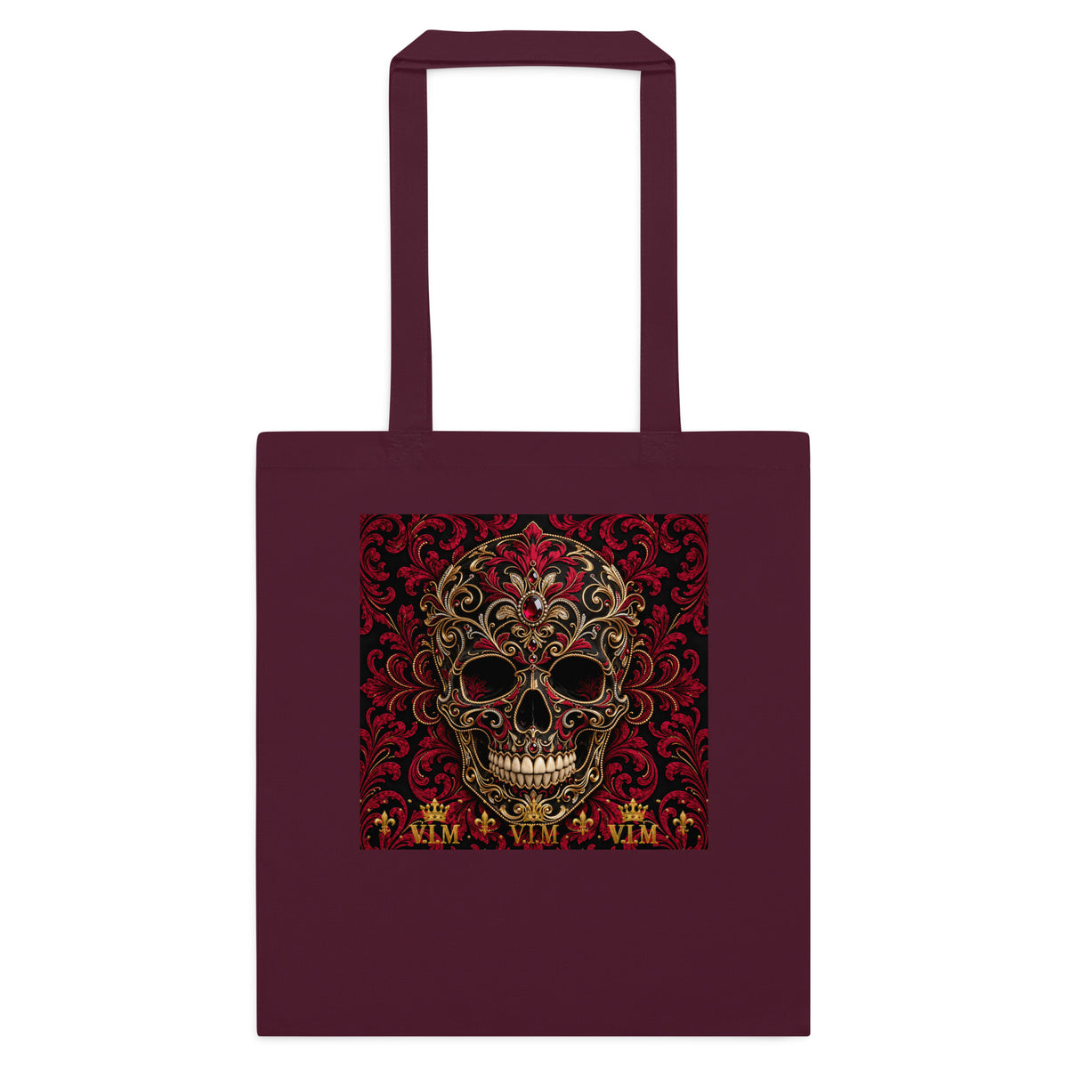Back view of Burgundy cotton tote bag – V.I.M Burgundy & Gold Ornate Skull range