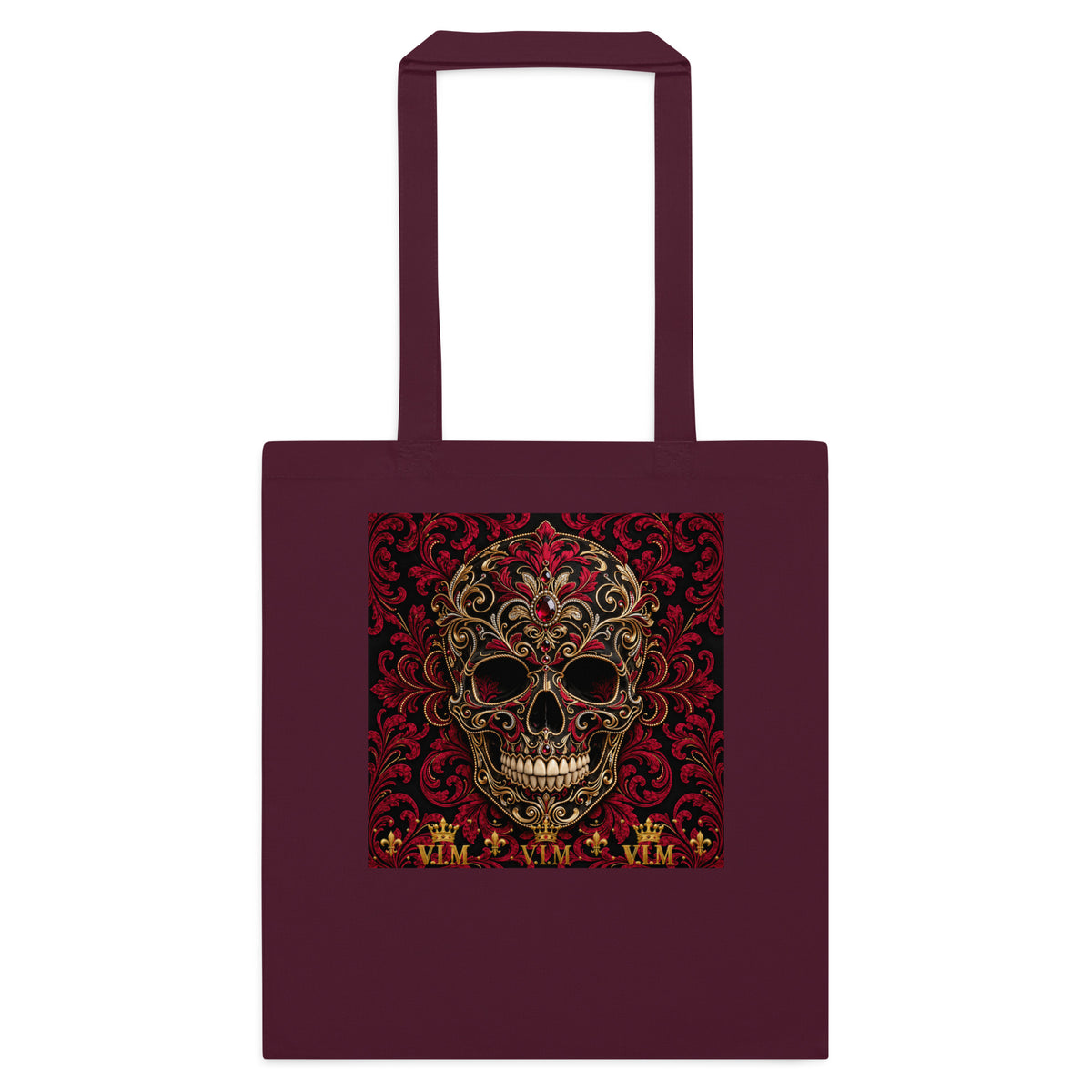 Front view of Burgundy cotton tote bag – V.I.M Burgundy & Gold Ornate Skull design