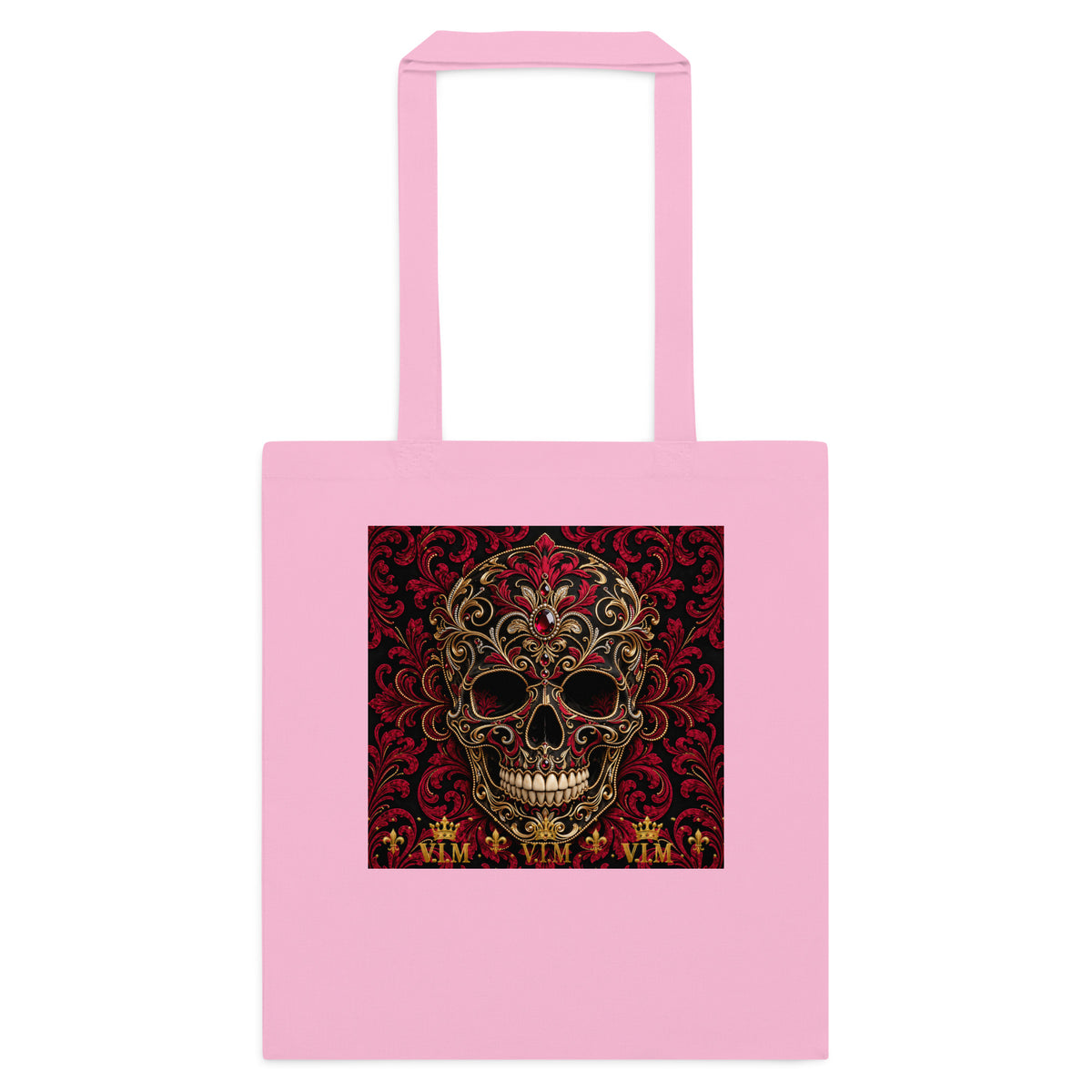 Back view of Classic Pink cotton tote bag – V.I.M Burgundy & Gold Ornate Skull range