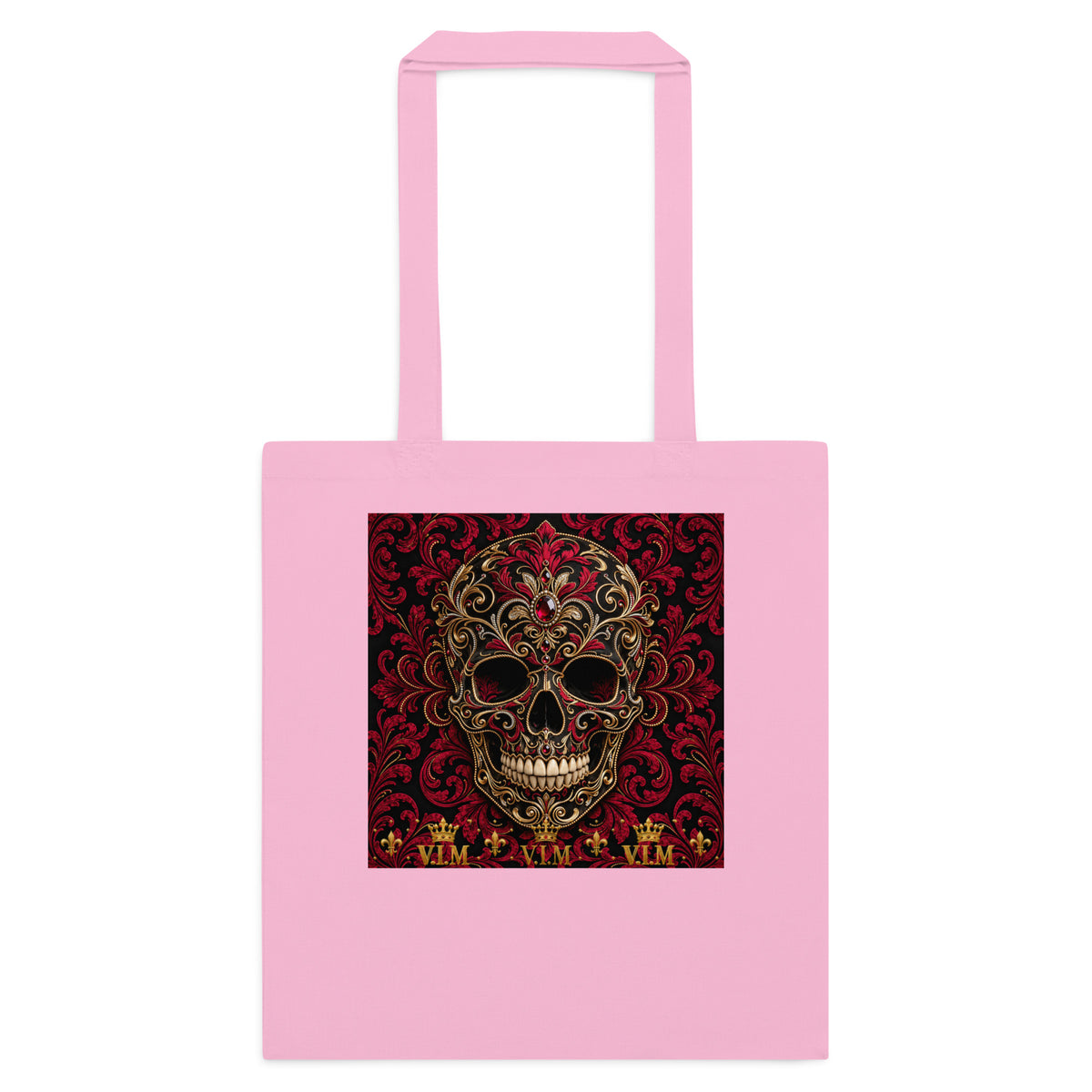 Front view of Classic Pink cotton tote bag – V.I.M Burgundy & Gold Ornate Skull design