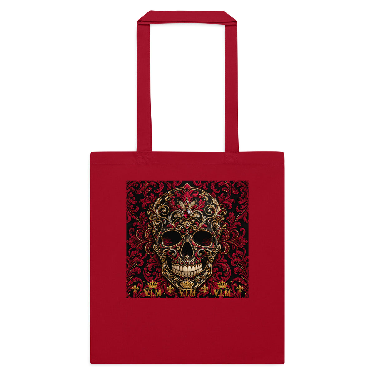 Back view of Classic Red cotton tote bag – V.I.M Burgundy & Gold Ornate Skull range