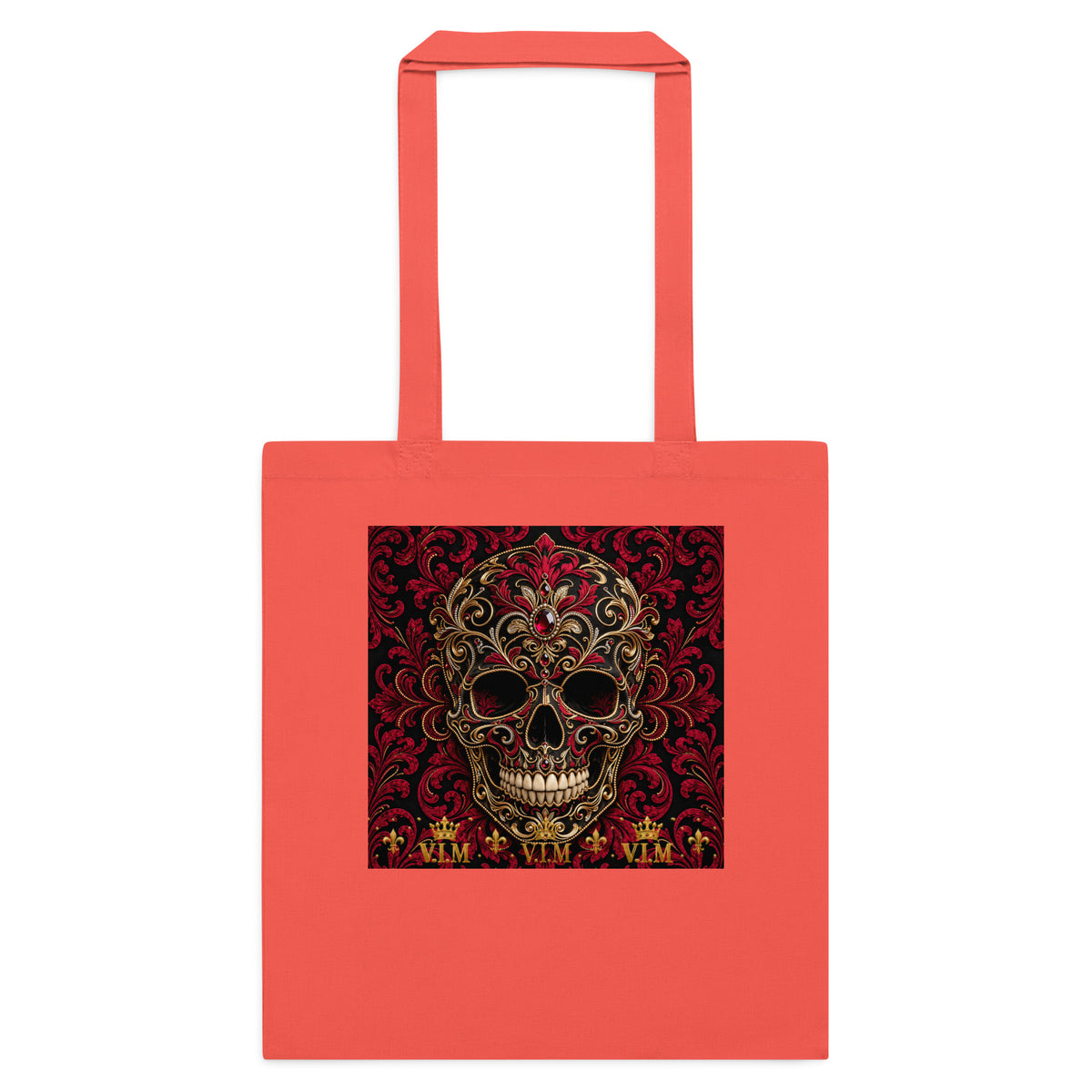Back view of Coral cotton tote bag – V.I.M Burgundy & Gold Ornate Skull range