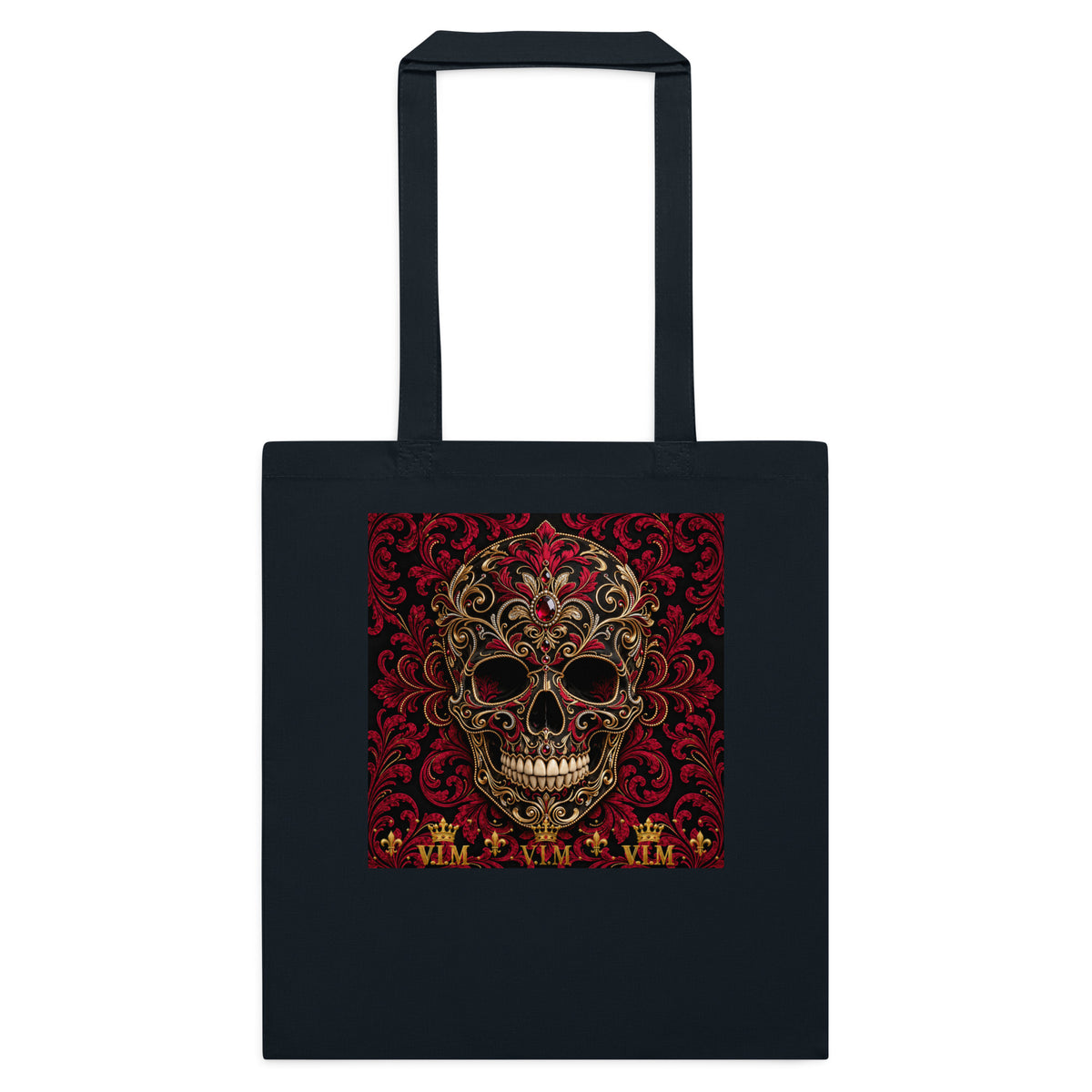 Front view of French Navy cotton tote bag – V.I.M Burgundy & Gold Ornate Skull design