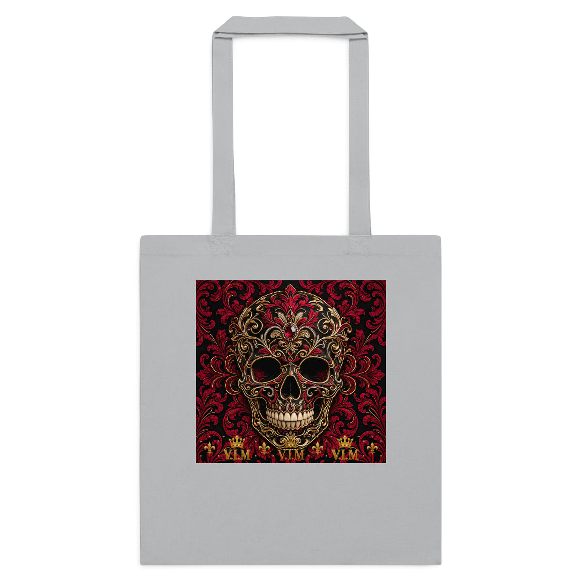 Back view of Light Grey cotton tote bag – V.I.M Burgundy & Gold Ornate Skull range