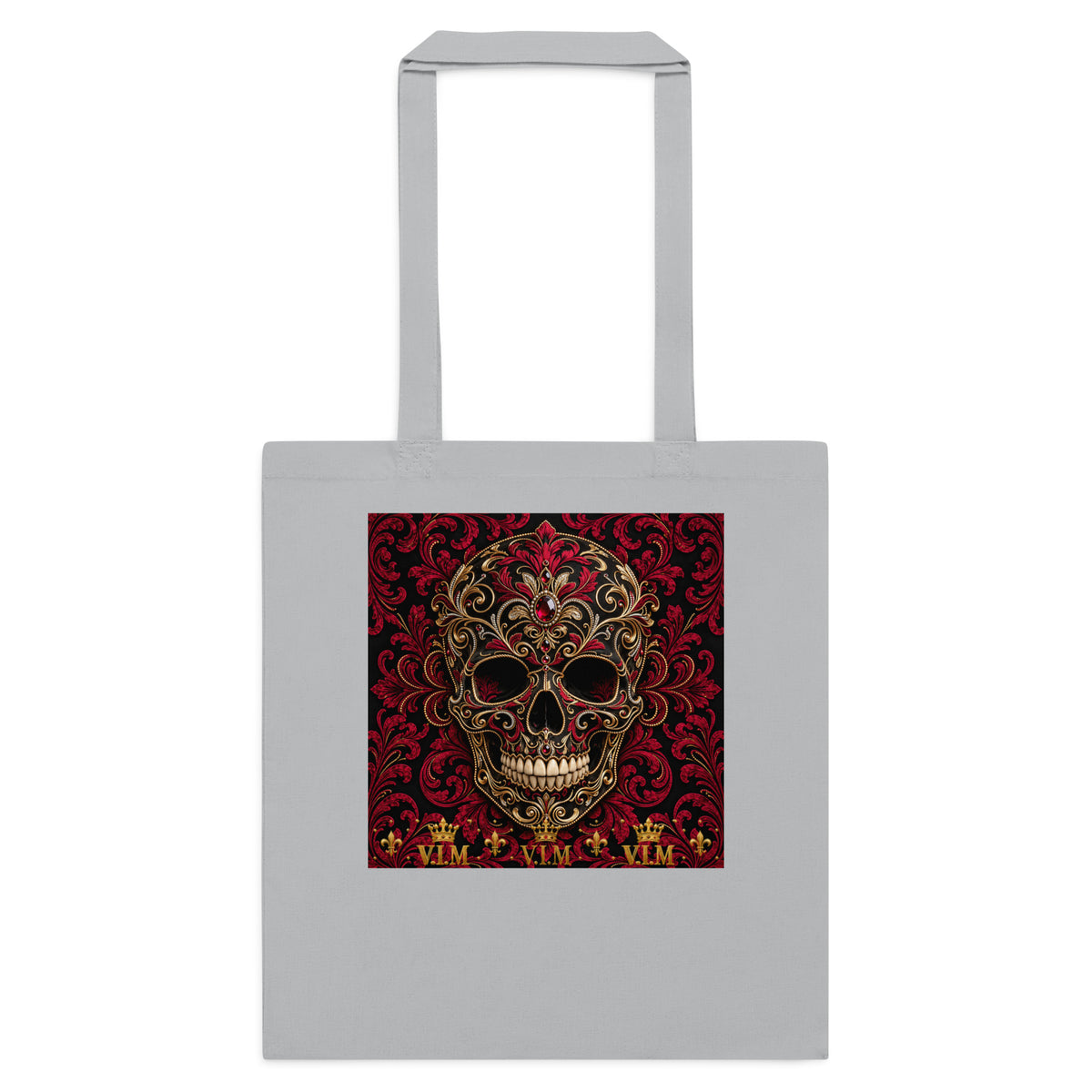 Front view of Light Grey cotton tote bag – V.I.M Burgundy & Gold Ornate Skull design