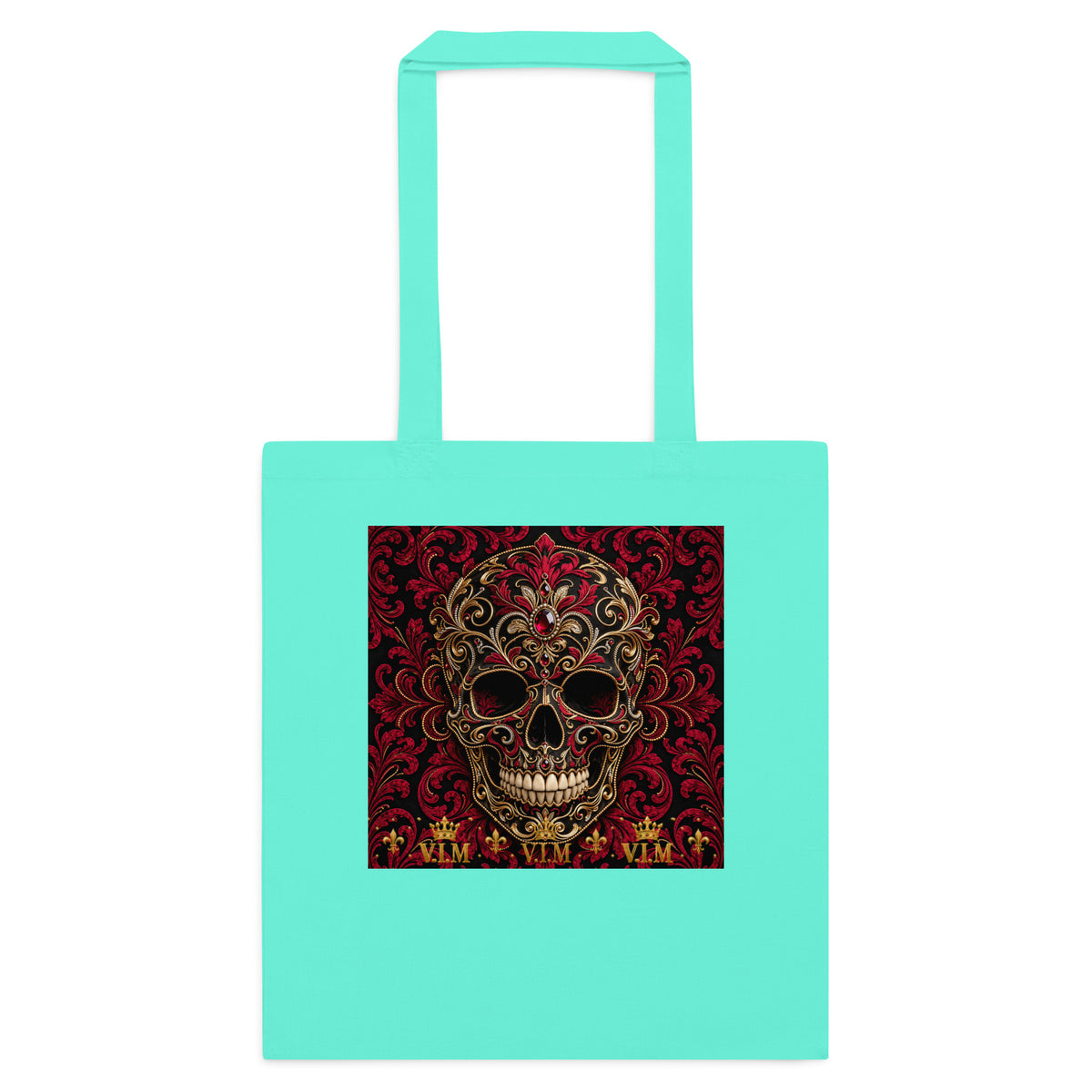 Back view of Mint cotton tote bag – V.I.M Burgundy & Gold Ornate Skull range