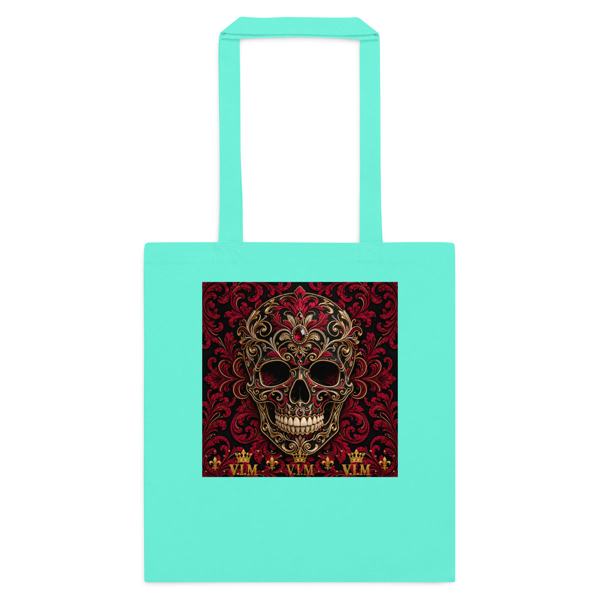 Front view of Mint cotton tote bag – V.I.M Burgundy & Gold Ornate Skull design