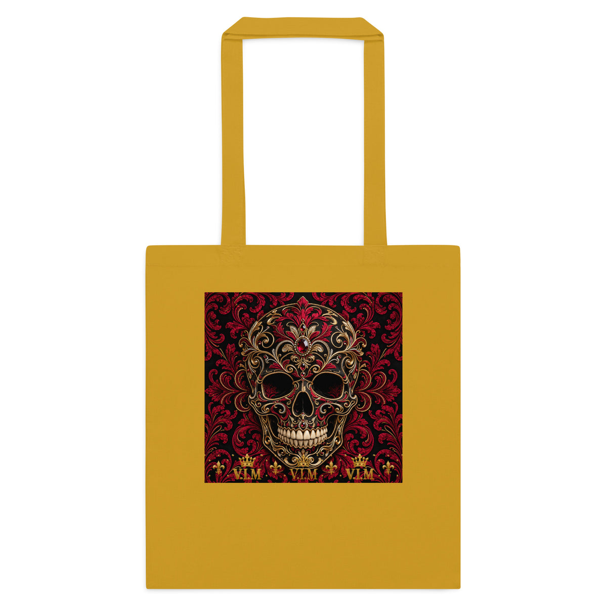 Back view of Mustard cotton tote bag – V.I.M Burgundy & Gold Ornate Skull range