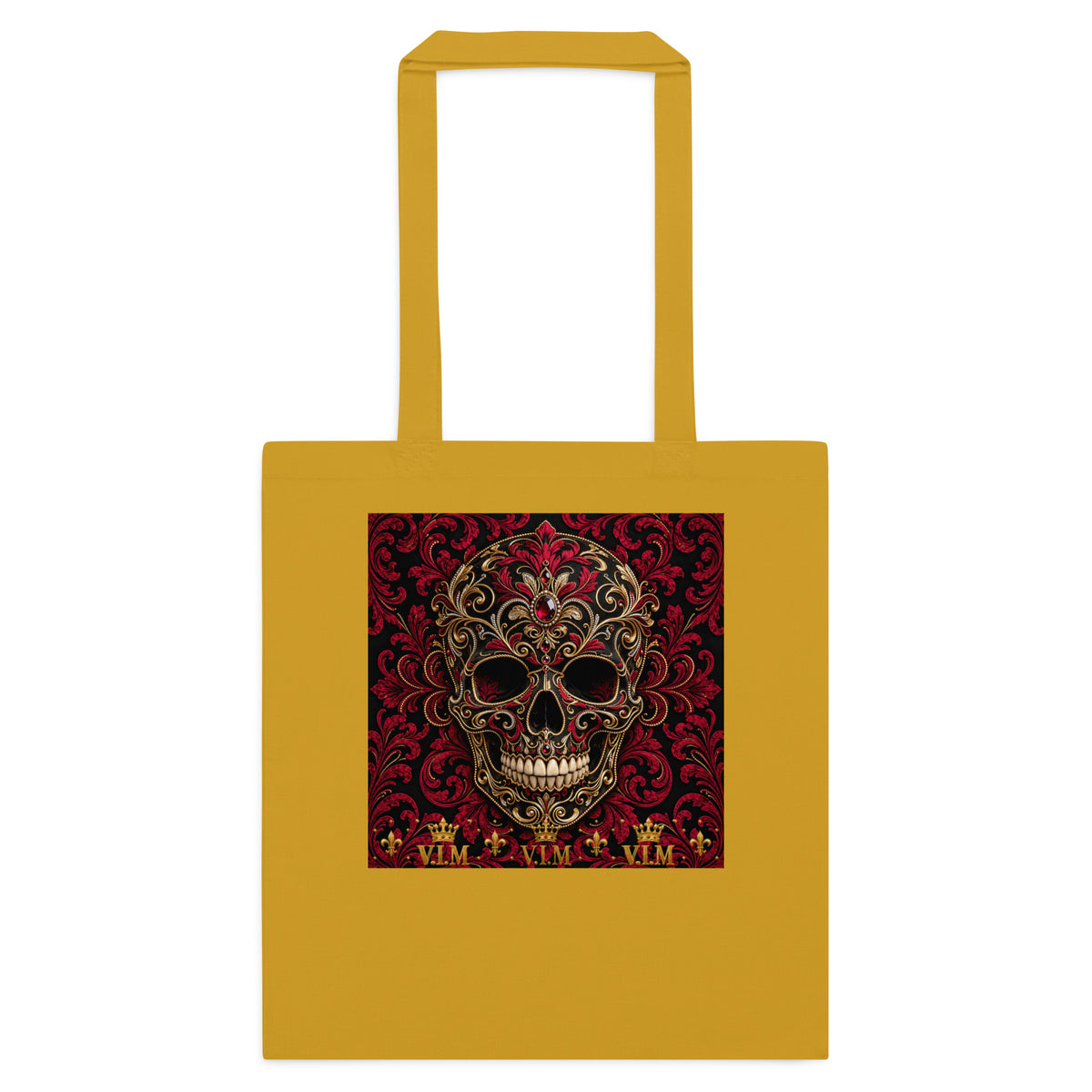 Front view of Mustard cotton tote bag – V.I.M Burgundy & Gold Ornate Skull design