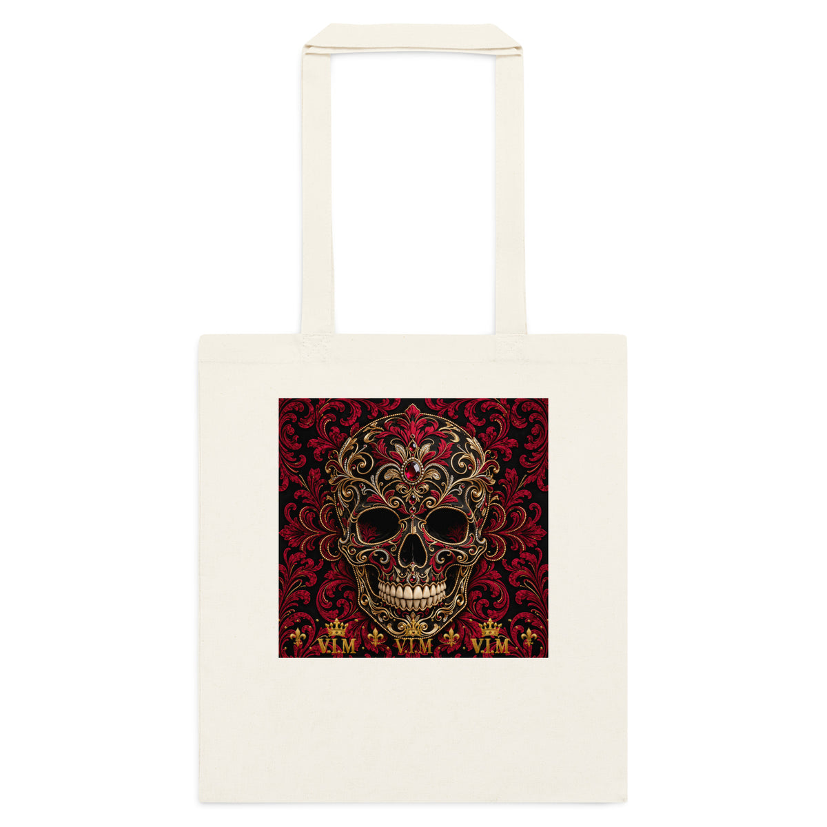 Back view of Natural cotton tote bag – V.I.M Burgundy & Gold Ornate Skull range