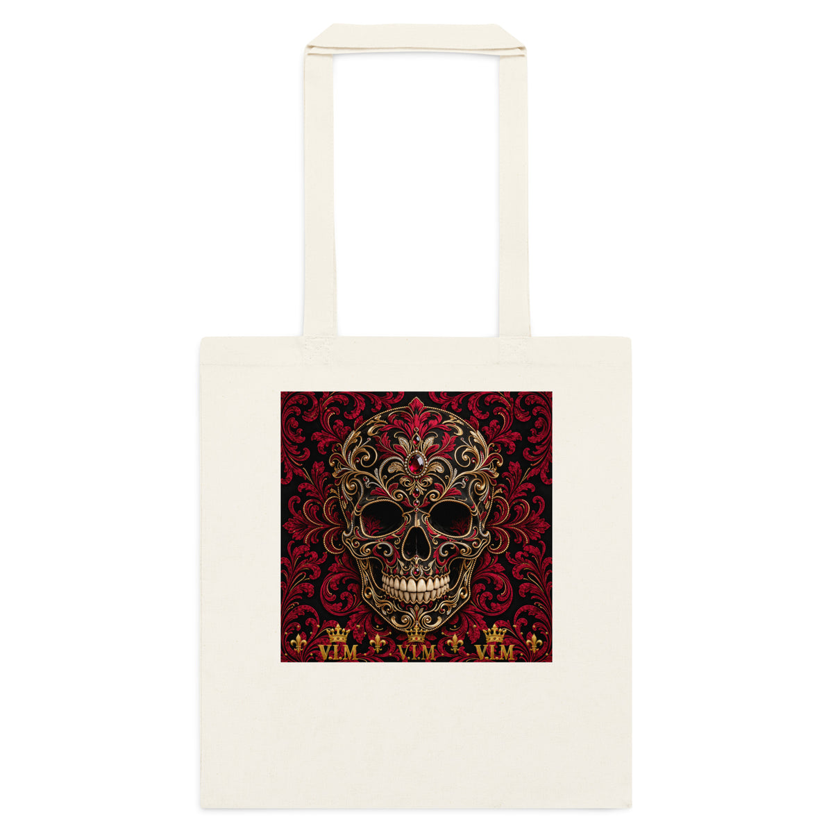 Front view of Natural cotton tote bag – V.I.M Burgundy & Gold Ornate Skull design
