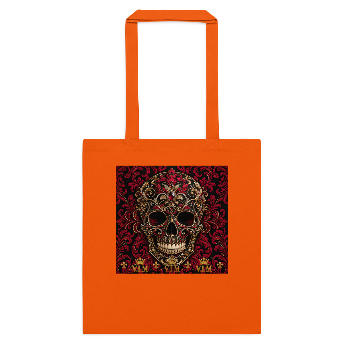 Back view of Orange cotton tote bag – V.I.M Burgundy & Gold Ornate Skull range