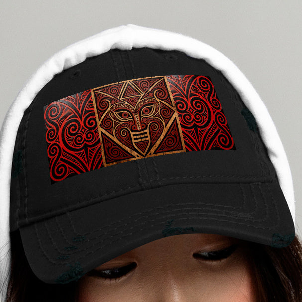 Mauri Tribal Heritage Distressed Dad Hat With Worn-In Crown Embroidery For Heritage Enthusiasts — front view