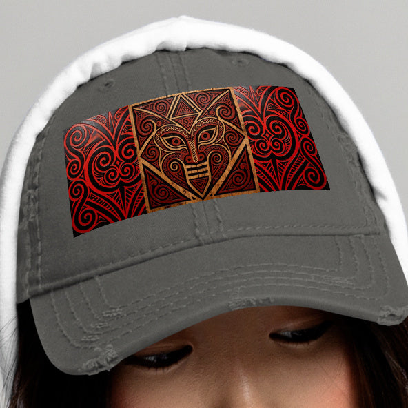 Mauri Tribal Heritage Distressed Dad Hat With Worn-In Crown Embroidery For Heritage Enthusiasts — front view