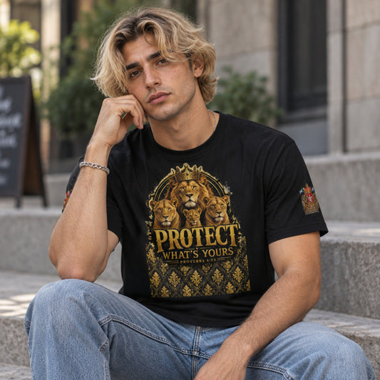 Velvet Ink Market Protect What's Yours Lion T-Shirt, product image featuring a lion graphic with Protect What's Yours lettering.