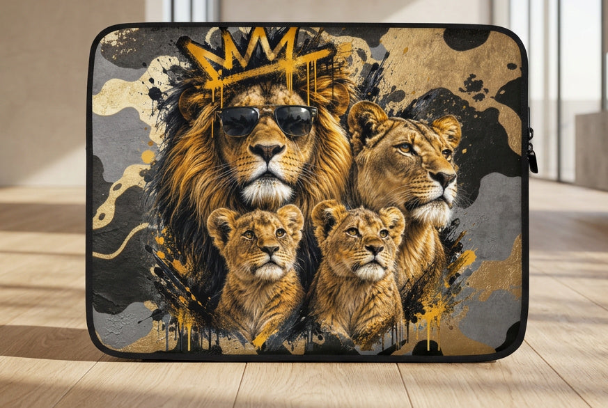 Velvet Ink Market Lion Pride Laptop Sleeve, front view featuring a lion family with a lioness, cubs and crowned lion (additional photo 2).