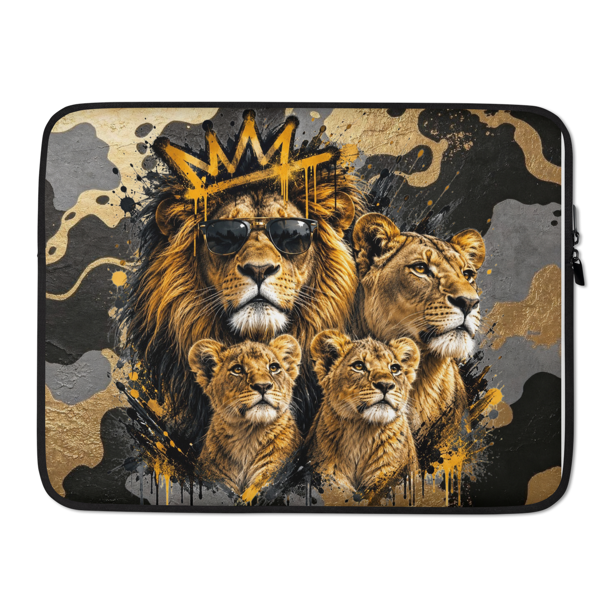 A laptop sleeve featuring a stylized graphic print of four lions in a family portrait. One lion wears a gold crown and sunglasses, while the others look on.
