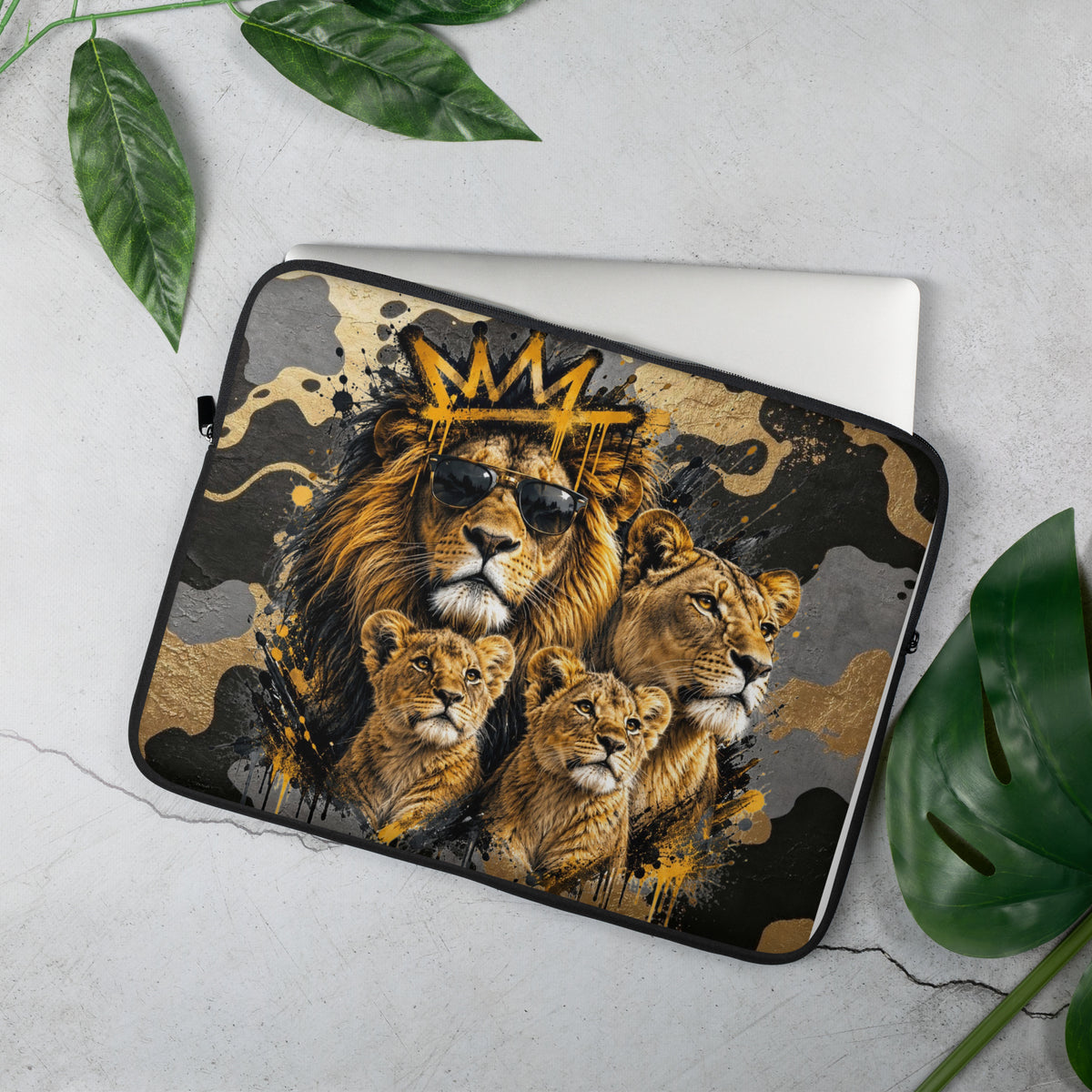Velvet Ink Market Lion Pride Laptop Sleeve, front view featuring a lion family with a lioness, cubs and crowned lion (additional photo 5).