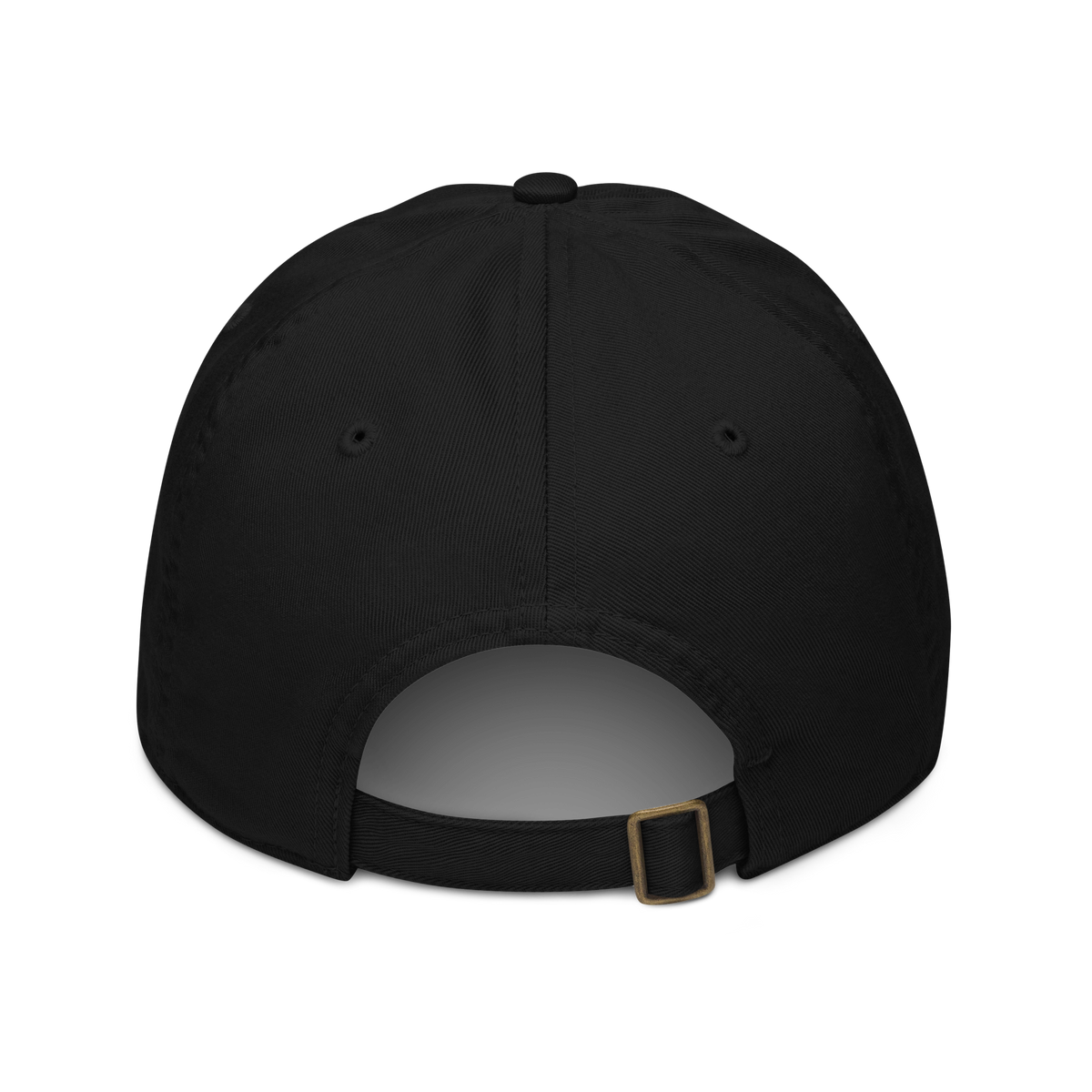 VIM Chimp Theme Dad Hat made of organic cotton, unstructured six-panel design in black with a brass buckle strap for urban