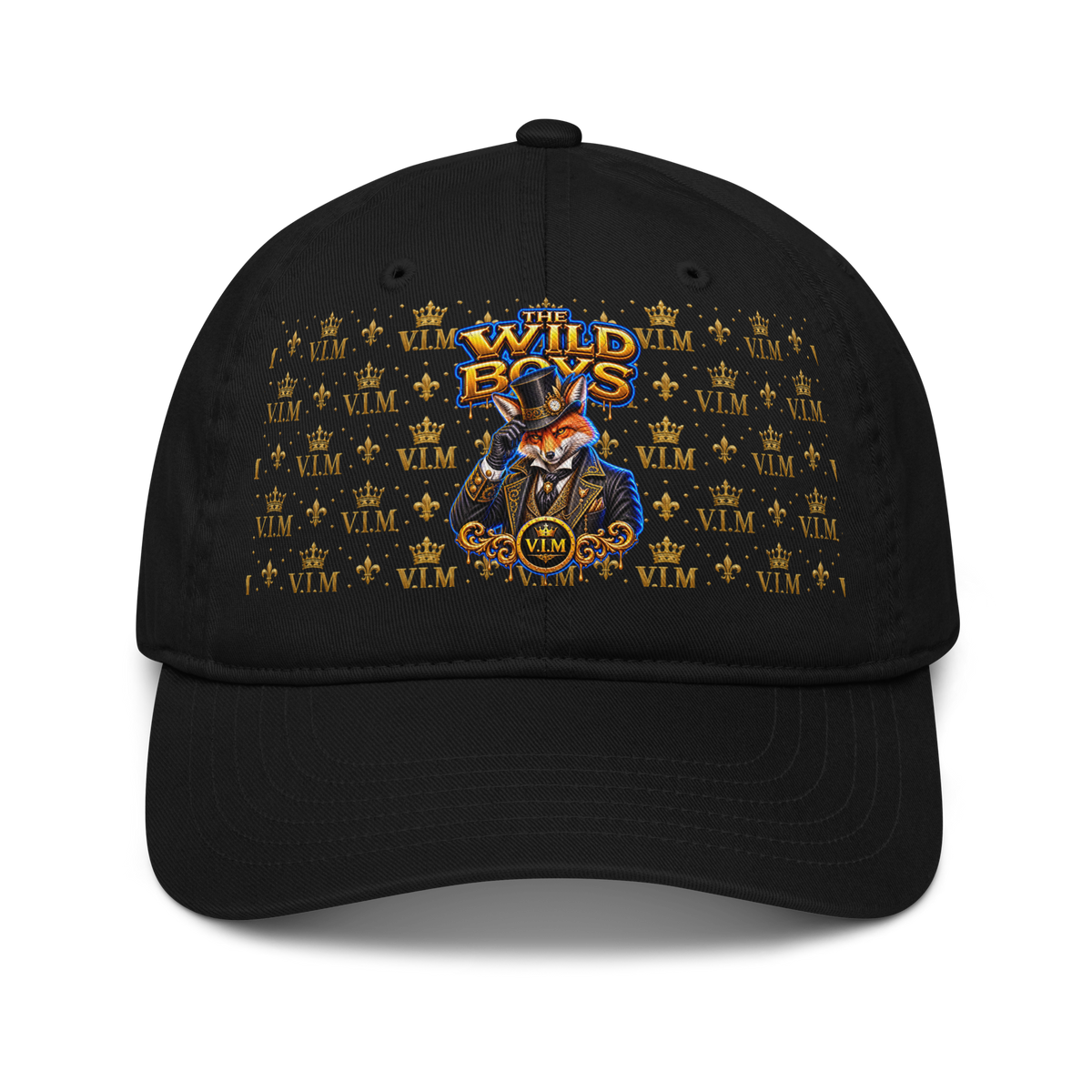 Organic Dad Hat by VIM Wild Boys Canine Edition in black with colorful embroidered graphic and gold crown pattern