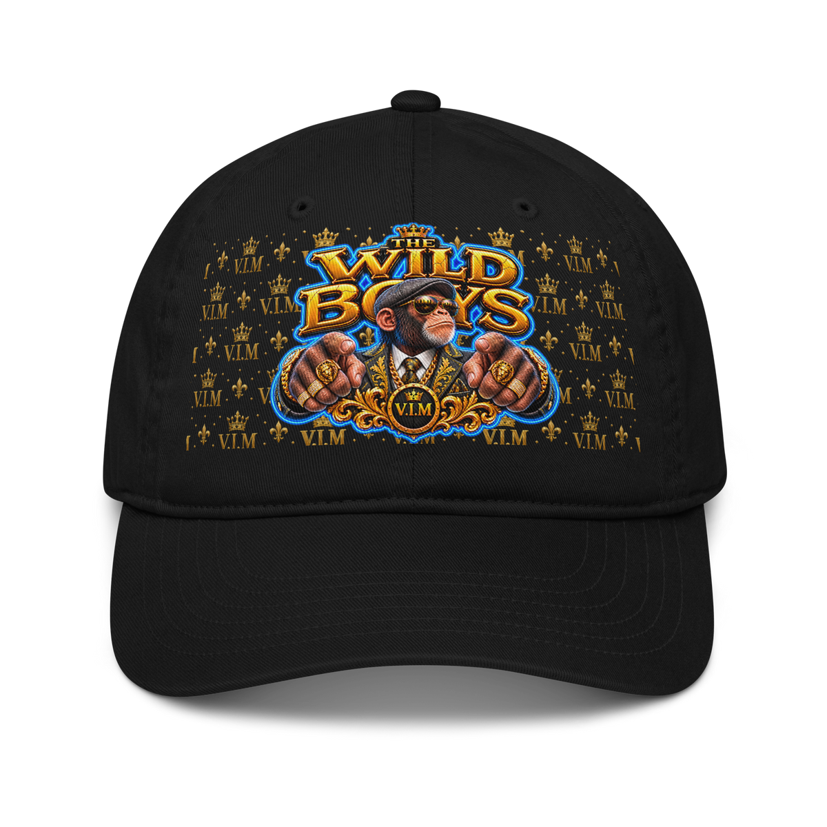VIM Chimp Theme Dad Hat made of organic cotton, unstructured six-panel design in black with colorful embroidered graphic for