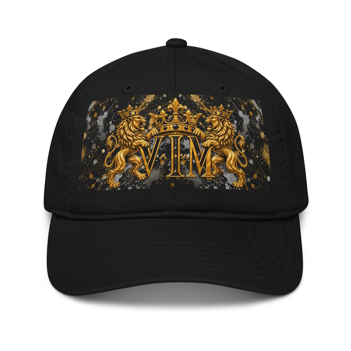 Velvet Ink Market Family Pride Twin Lion Crest Dad Hat in black, front view featuring twin gold lions and a crowned VIM crest.