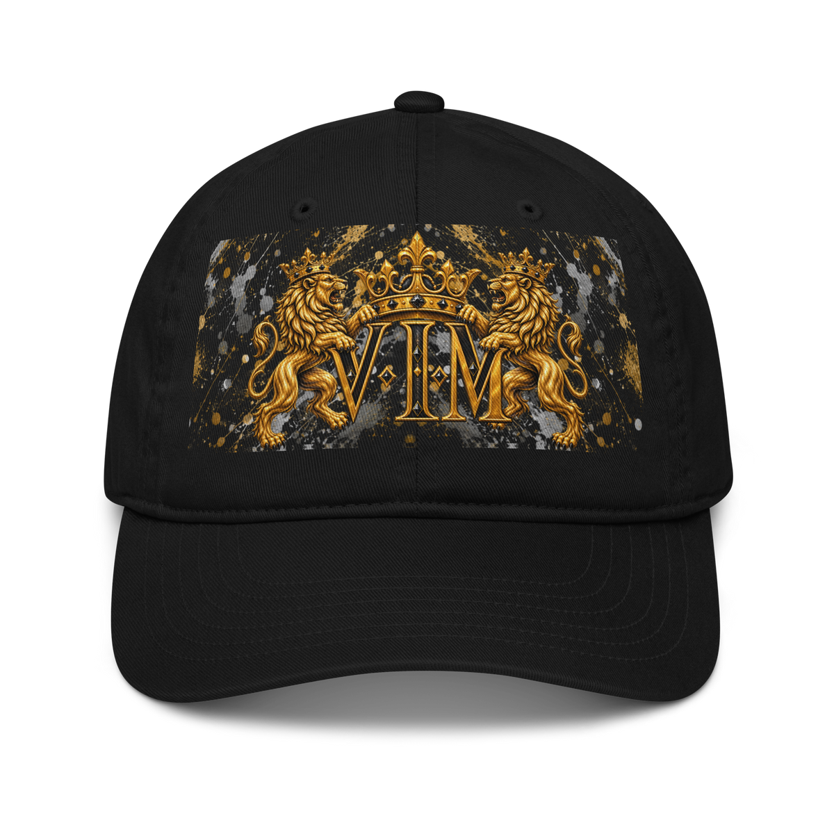 Black Family Pride dad hat with twin gold lions, crown and VIM lettering, front view