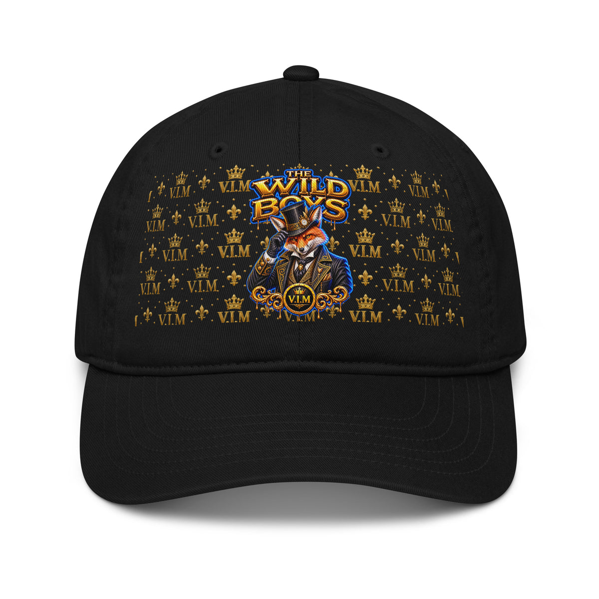 Black Wild Boys Fox dad hat with an orange fox in a top hat, gold-and-blue lettering and gold V.I.M motifs, front view