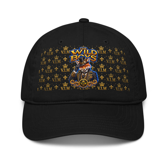 Velvet Ink Market Wild Boys Fox Dad Hat in black, front view featuring an orange fox in a top hat with Wild Boys lettering.