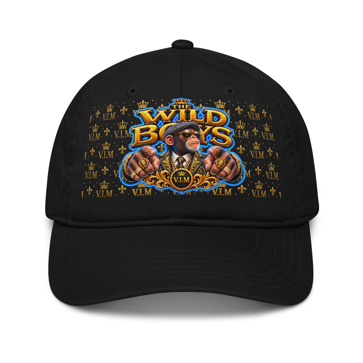 Black Wild Boys Chimp dad hat with gold-and-blue lettering, a suited chimp and gold V.I.M motifs, front view