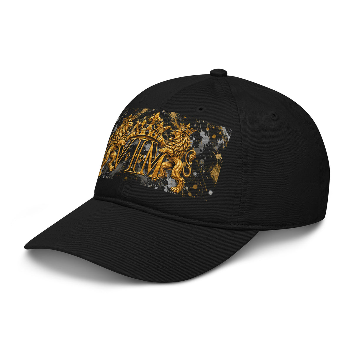VIM Family Pride Organic Dad Hat for Dads with gold crest design on black fabric, adjustable strap, premium quality heritage