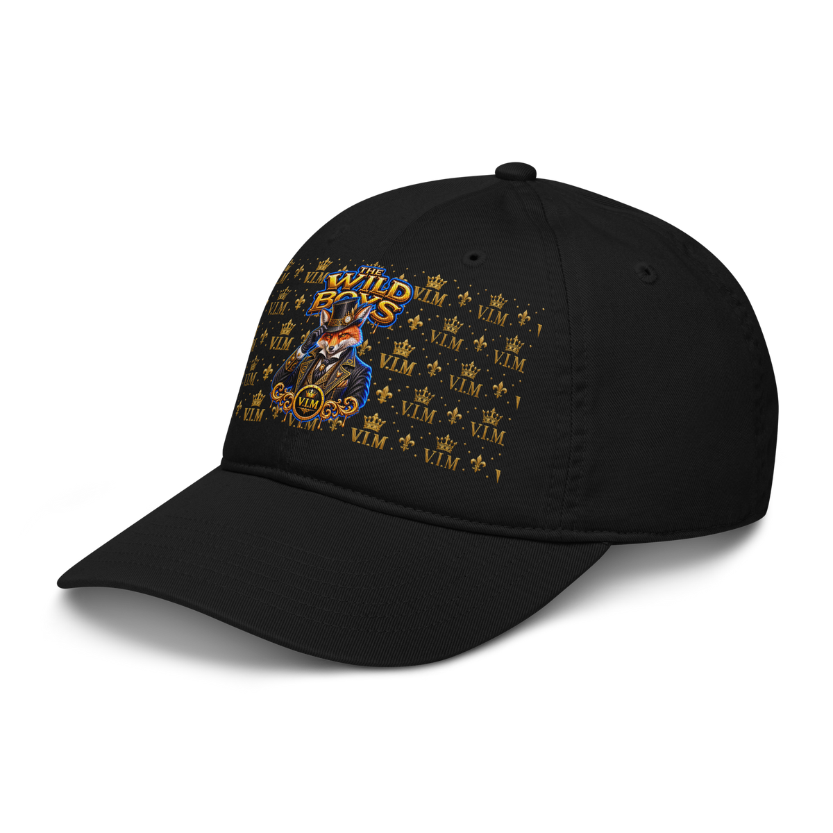 Organic Dad Hat By VIM Wild Boys Canine Edition in black with colorful embroidered graphic of a dog wearing a crown, made