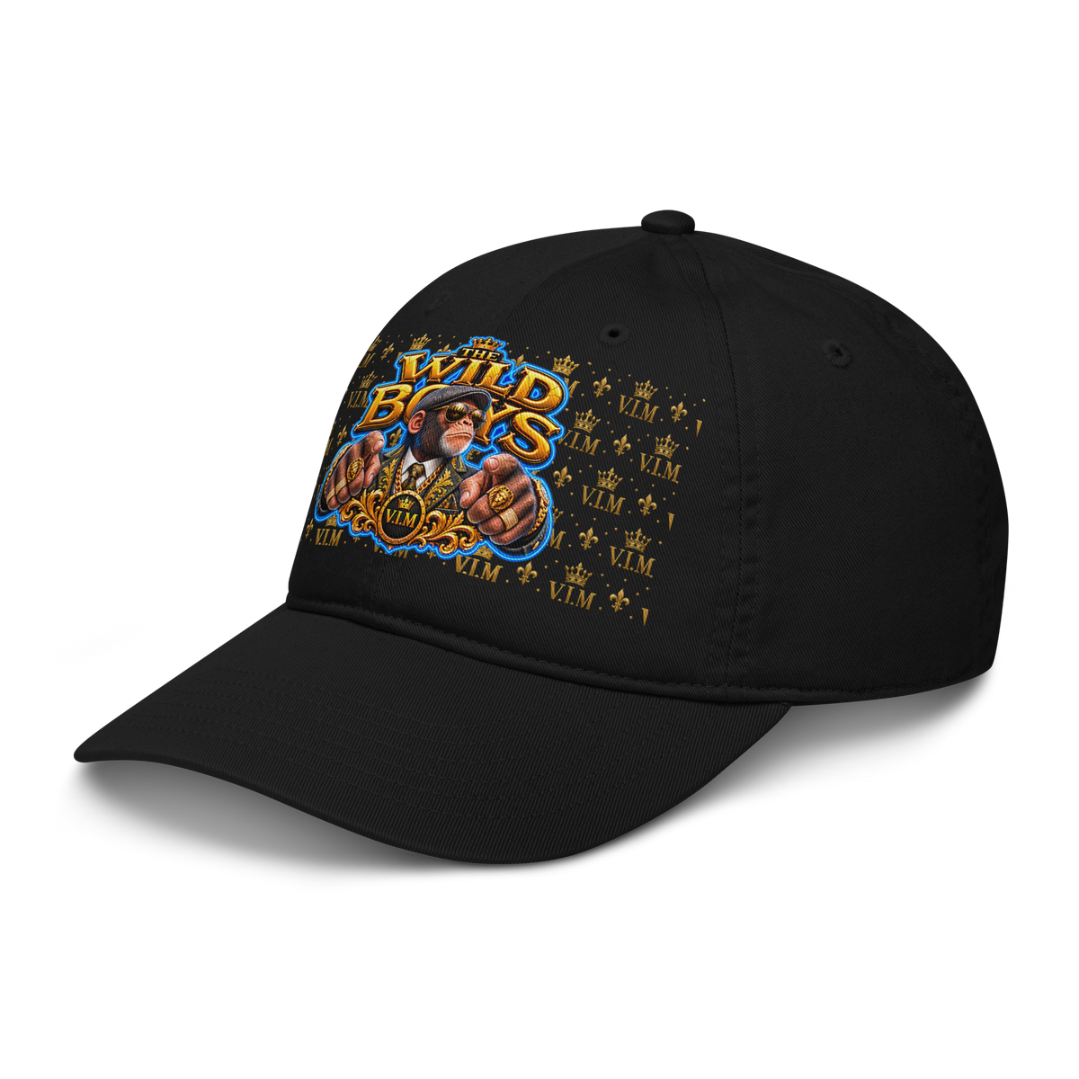 VIM Chimp Theme Dad Hat made of organic cotton, unstructured six-panel cap in black with colorful graphic design for urban