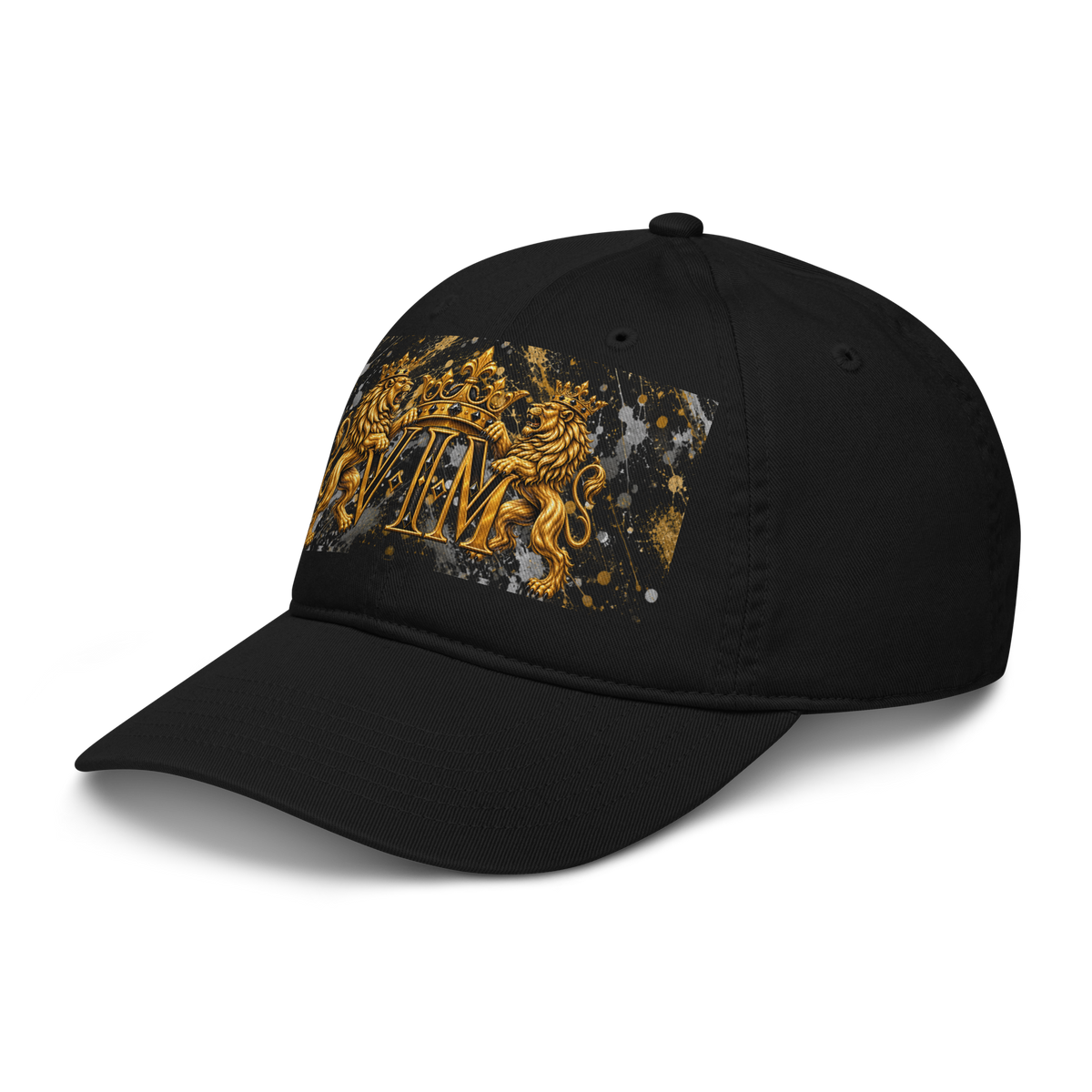 Black Family Pride dad hat with twin gold lions and crowned VIM crest, angled front view, peak pointing left