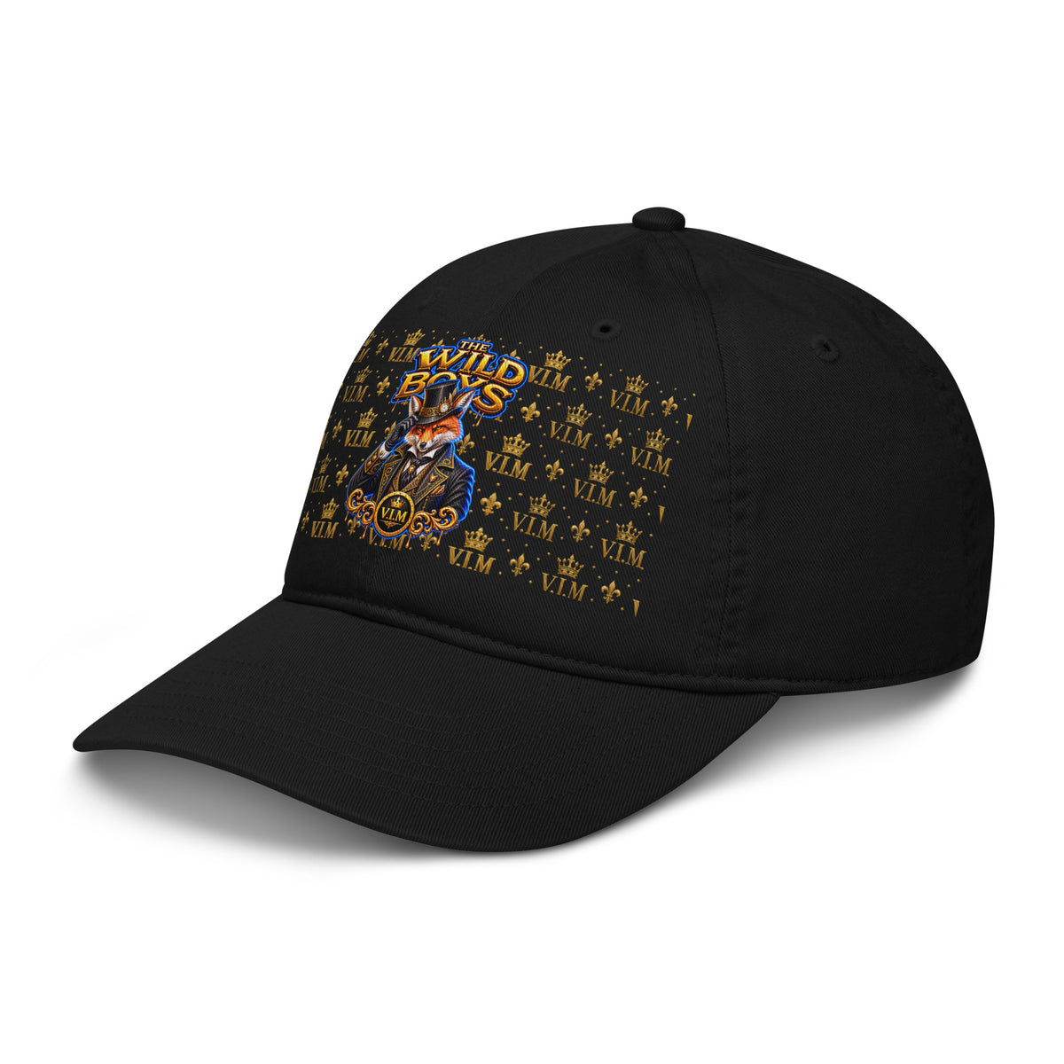 Black Wild Boys Fox dad hat with orange fox, gold-and-blue lettering and gold V.I.M motifs, front three-quarter view