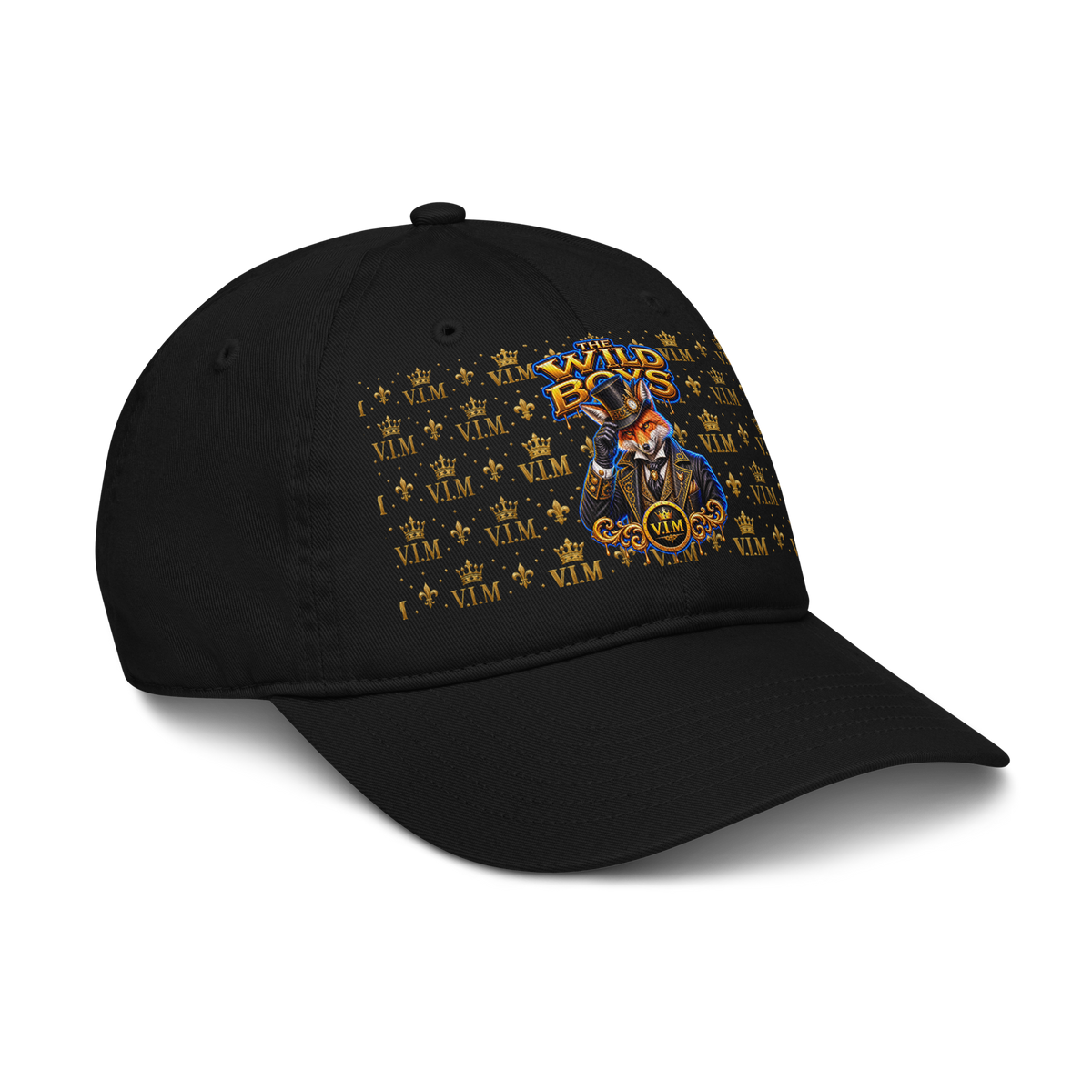 Organic Dad Hat by VIM Wild Boys Canine Edition in black, made of breathable organic cotton, unstructured six-panel design