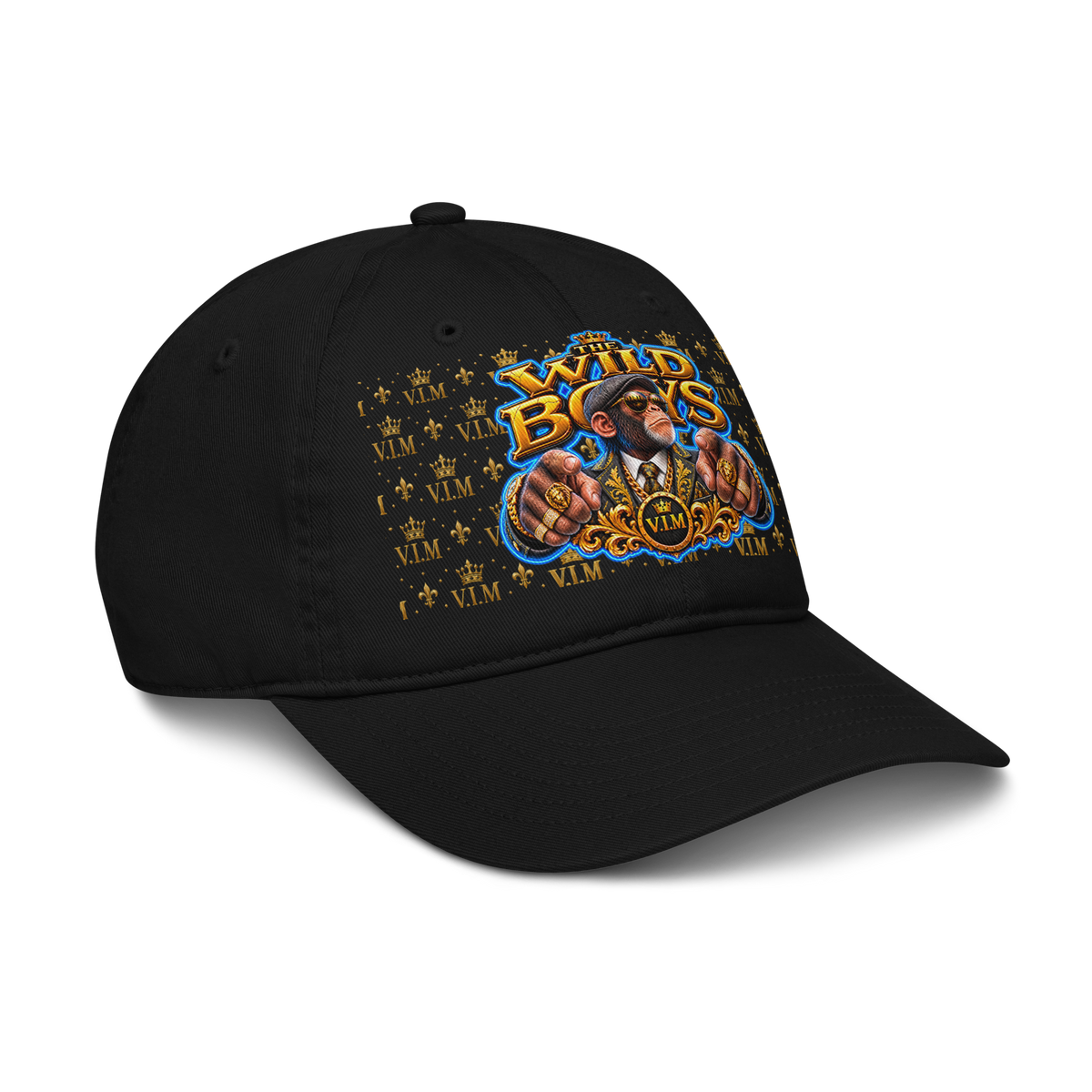 VIM Chimp Theme Dad Hat made of organic cotton, unstructured six-panel cap in black with colorful graphic design for urban