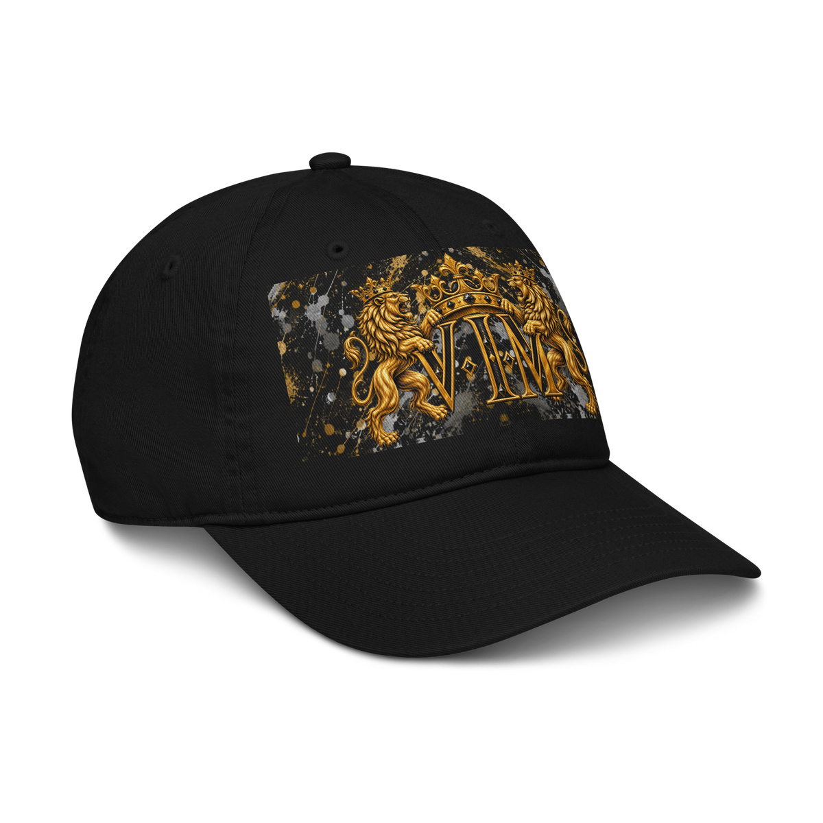 Black Family Pride dad hat with twin gold lions and crowned VIM crest, angled front view, peak pointing right