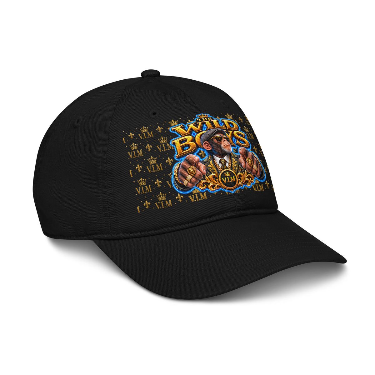 Black Wild Boys Chimp dad hat with a suited chimp and gold-and-blue lettering, angled front view, peak pointing right